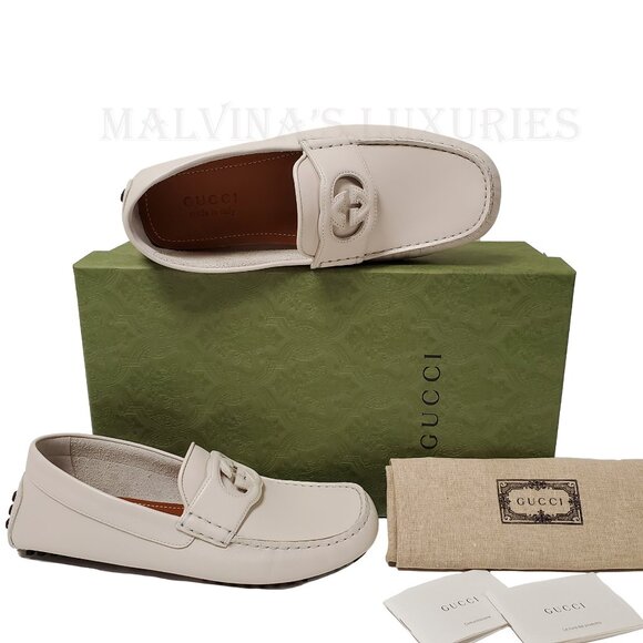 GUCCI SHOES MENS LOAFERS MOCCASINS G LOGO WHITE LEATHER sz 7.5G 8 - Picture 2 of 14
